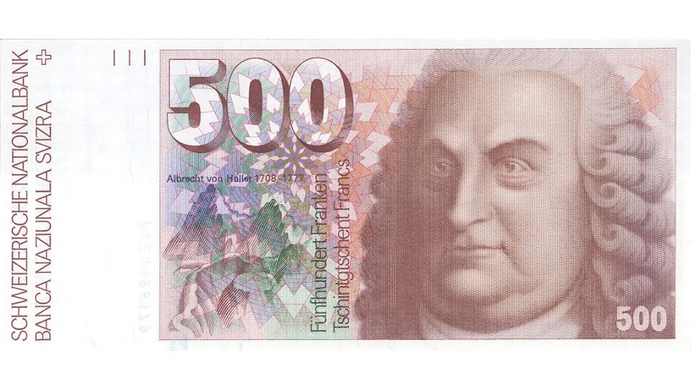 6. Banknotenserie 1976, 500-Franken-Note, Vorderseite
