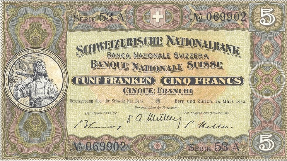Second banknote series, 1911, 5 franc note, front