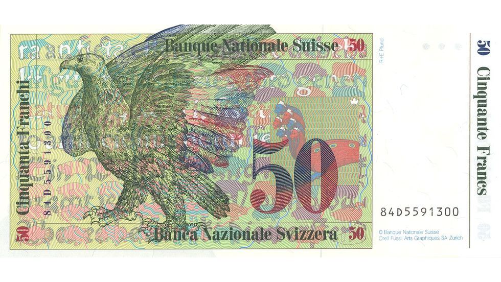 Seventh banknote series, 1984, 50 franc note, back