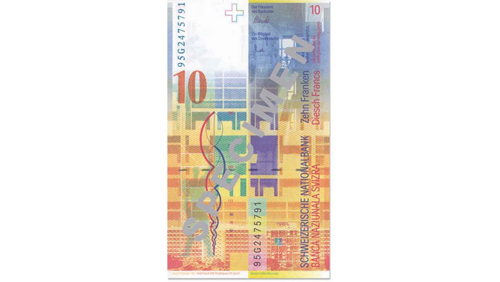 8. Banknotenserie 1995, 10-Franken-Note, Rückseite