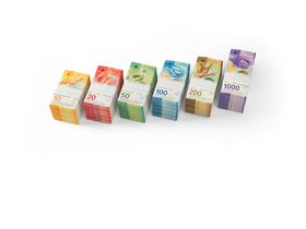 Notenbündel 10-, 20-, 50-, 100-, 200- und 1000-Franken-Note