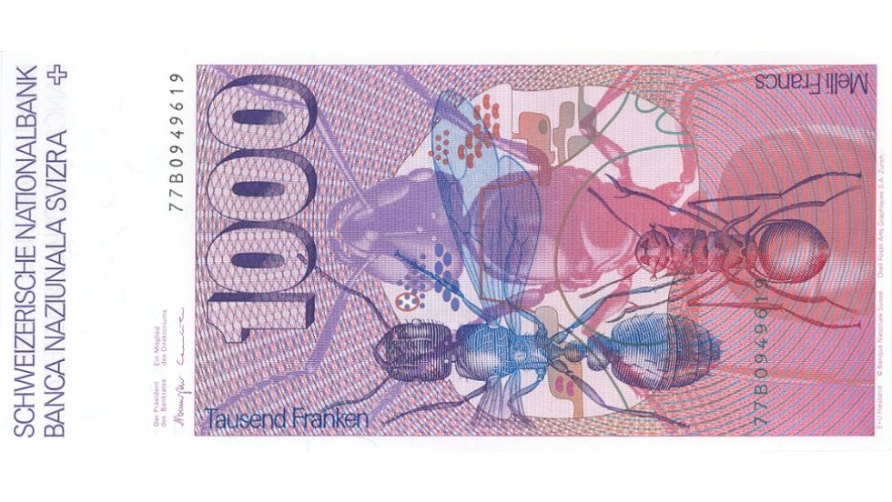 6. Banknotenserie 1976, 1000-Franken-Note, Rückseite