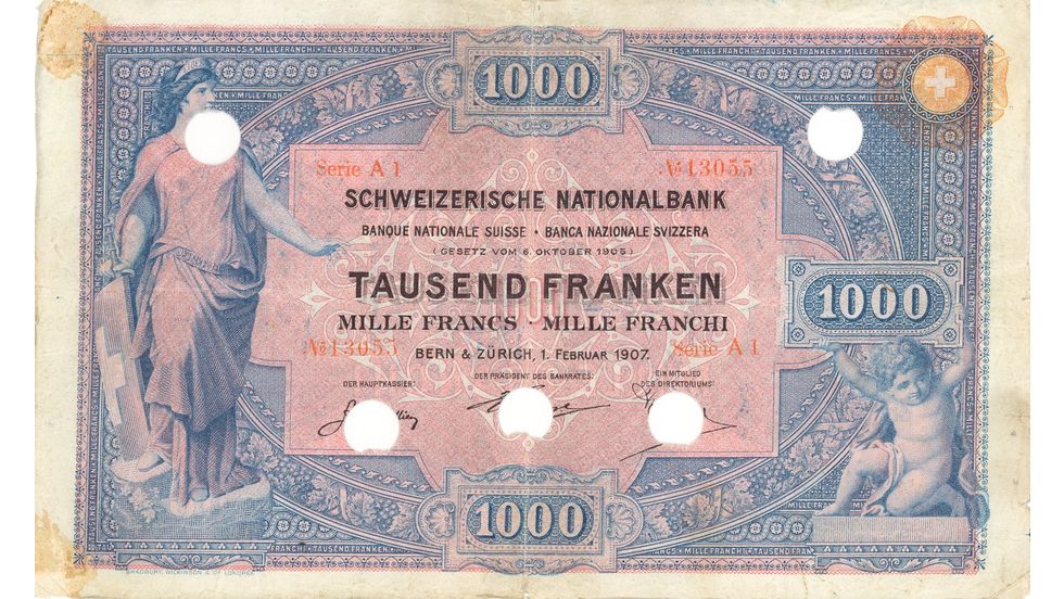 1. Banknotenserie 1907, 1000-Franken-Note, Vorderseite