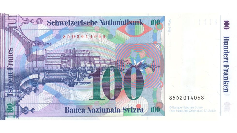 7. Banknotenserie 1984, 100-Franken-Note, Rückseite