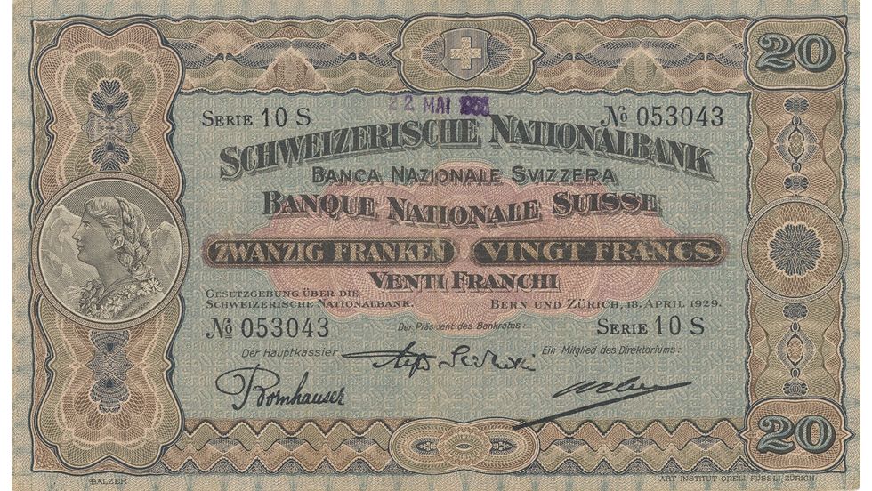 2. Banknotenserie 1911, 20-Franken-Note, Vorderseite