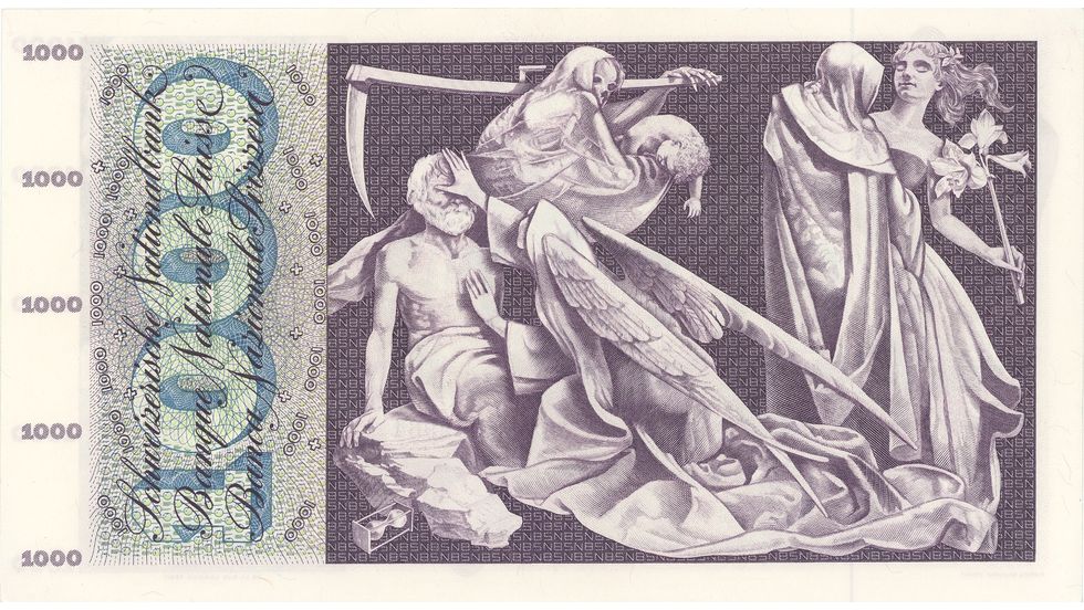 5. Banknotenserie 1956, 1000-Franken-Note, Rückseite