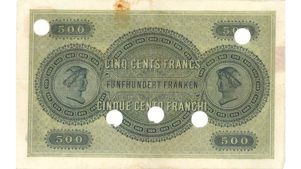1. Banknotenserie 1907, 500-Franken-Note, Rückseite