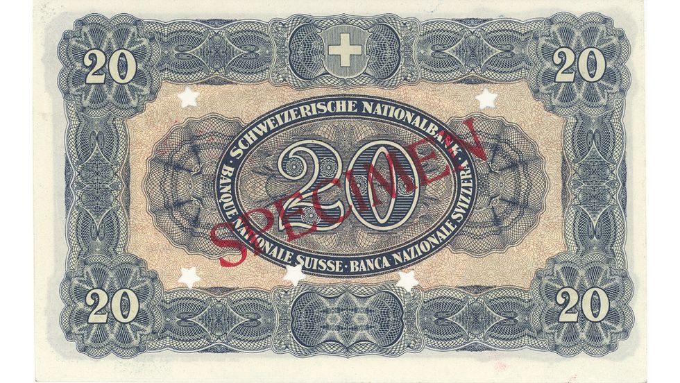 Third banknote series, 1918, 20 franc note, back