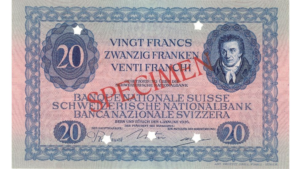 3. Banknotenserie 1918, 20-Franken-Note, Vorderseite