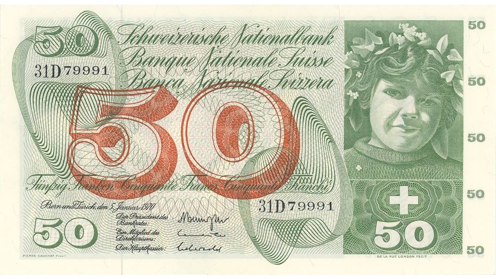 5. Banknotenserie 1956, 50-Franken-Note, Vorderseite