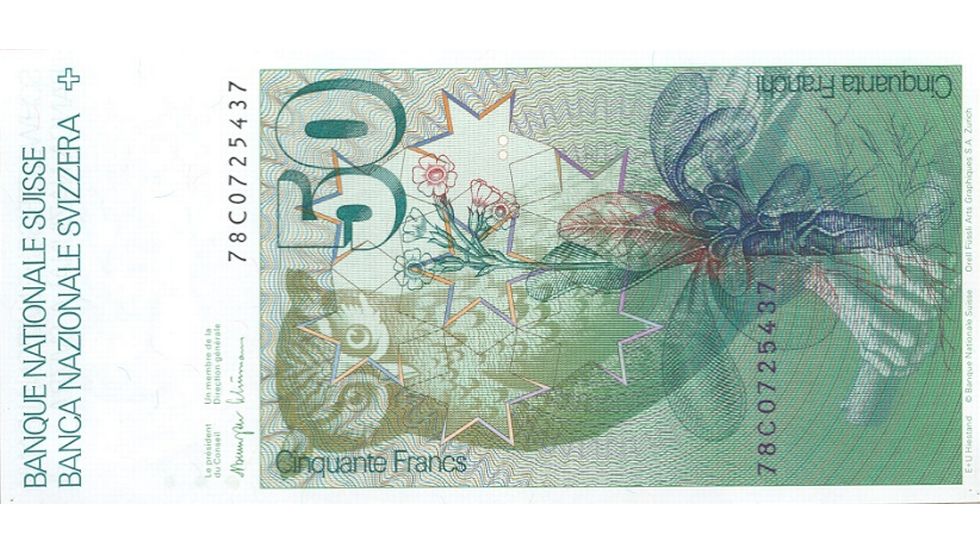 Sixth banknote series, 1976, 50 franc note, back