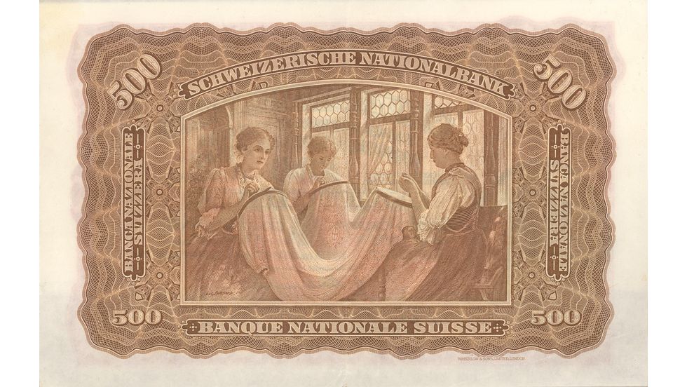 Second banknote series, 1911, 500 franc note, back