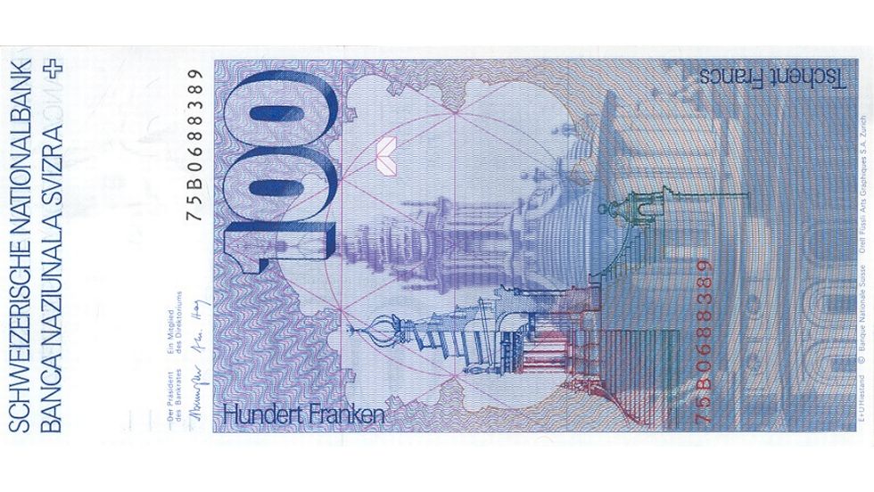 Sixth banknote series, 1976, 100 franc note, back