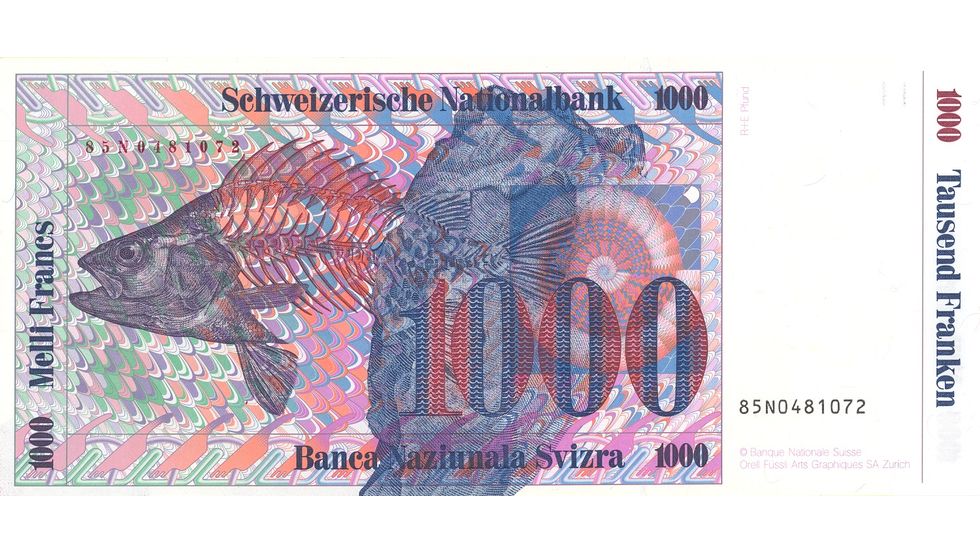 7. Banknotenserie 1984, 1000-Franken-Note, Rückseite