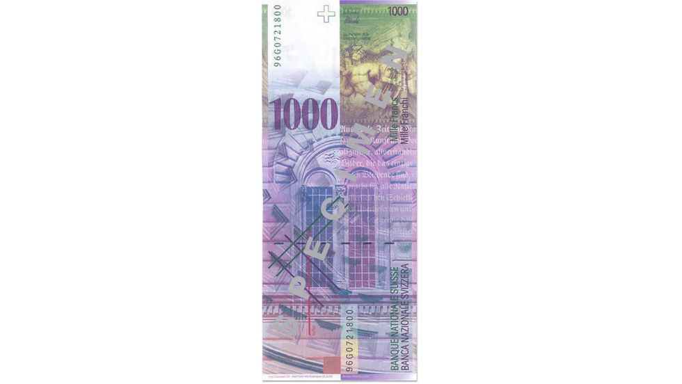 8. Banknotenserie 1995, 1000-Franken-Note, Rückseite
