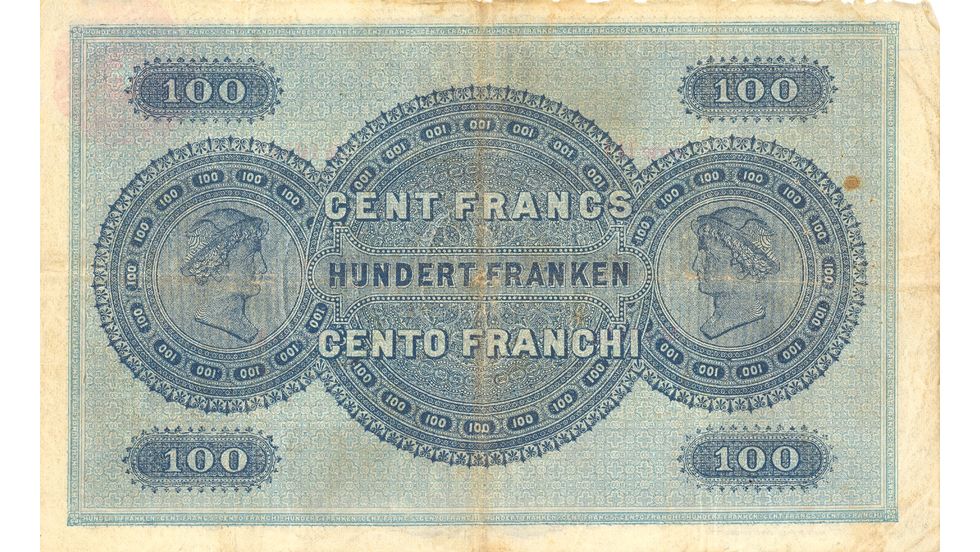 First banknote series, 1907, 100 franc note, back