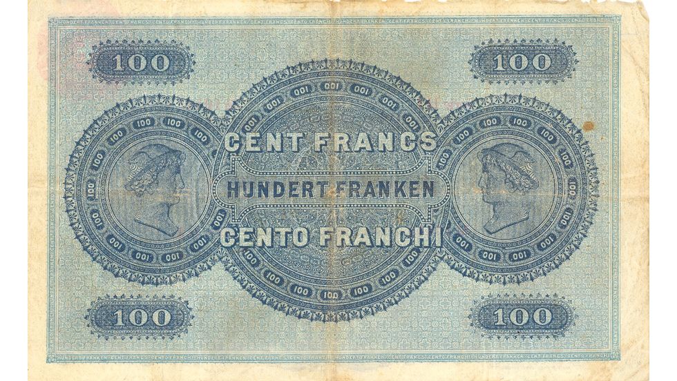 1. Banknotenserie 1907, 100-Franken-Note, Rückseite