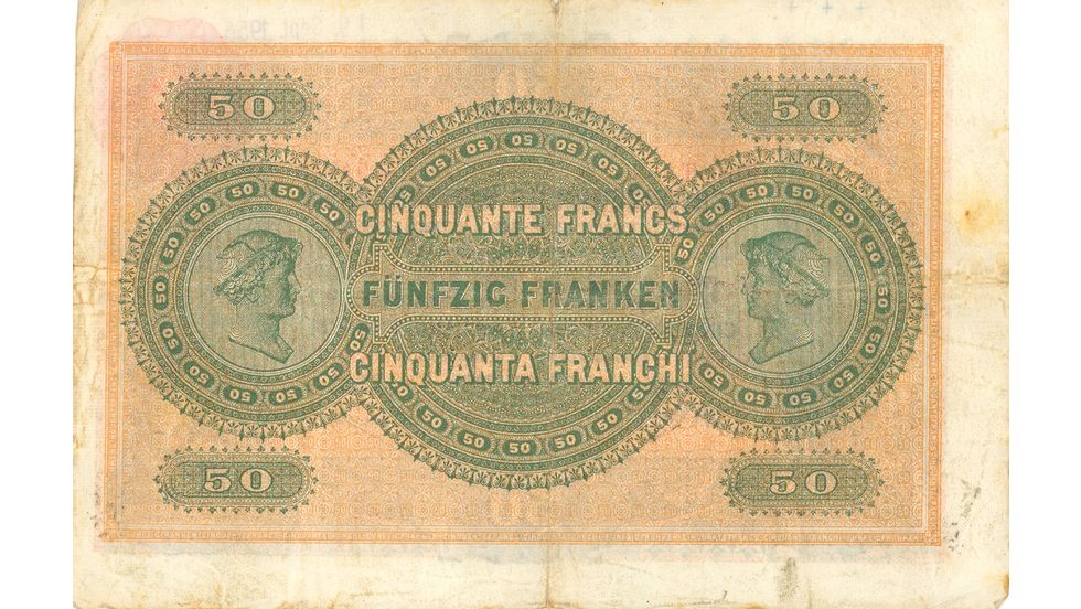 First banknote series, 1907, 50 franc note, back