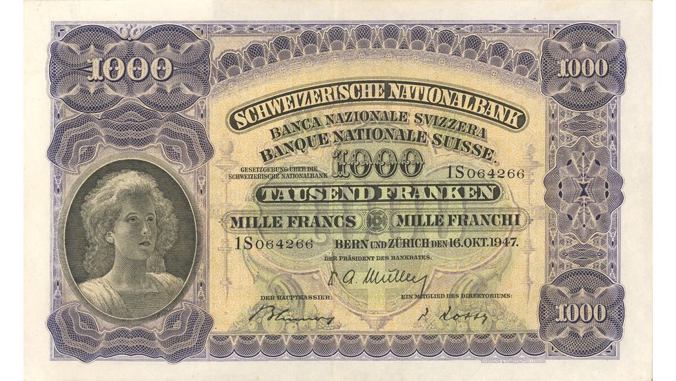 2. Banknotenserie 1911, 1000-Franken-Note, Vorderseite