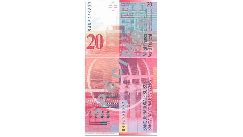 8. Banknotenserie 1995, 20-Franken-Note, Rückseite