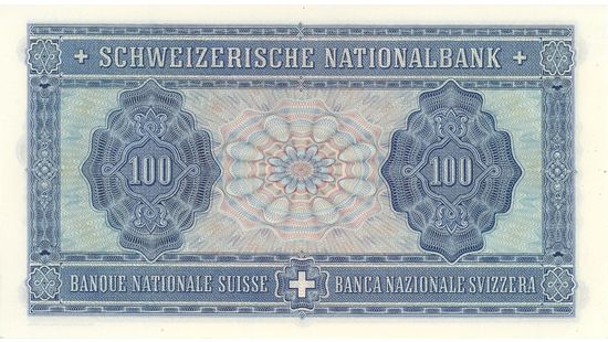 4. Banknotenserie 1938, 100-Franken-Note, Rückseite