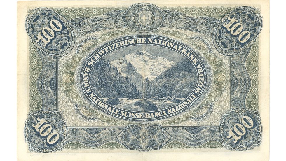 Third banknote series, 1918, 100 franc note, back