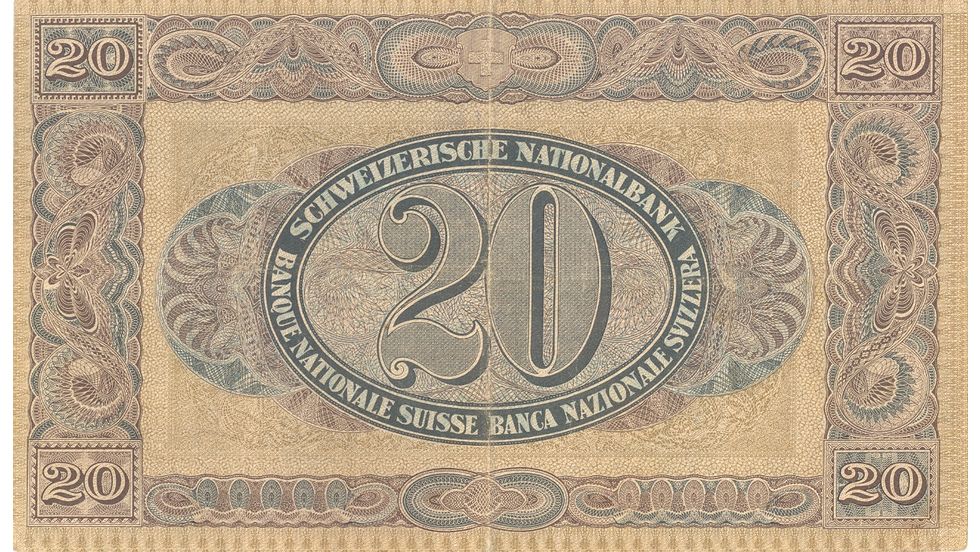 Second banknote series, 1911, 20 franc note, back