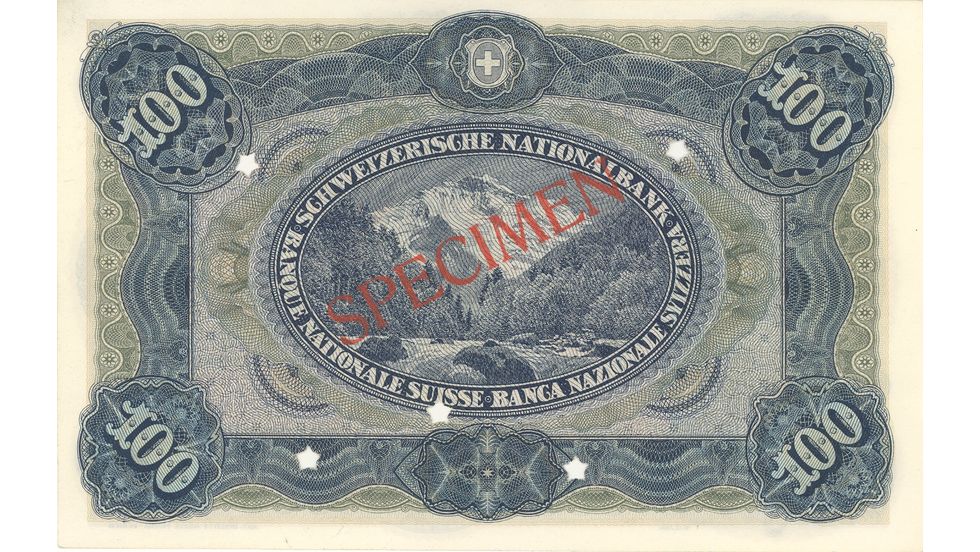 Third banknote series, 1918, 100 franc note, back