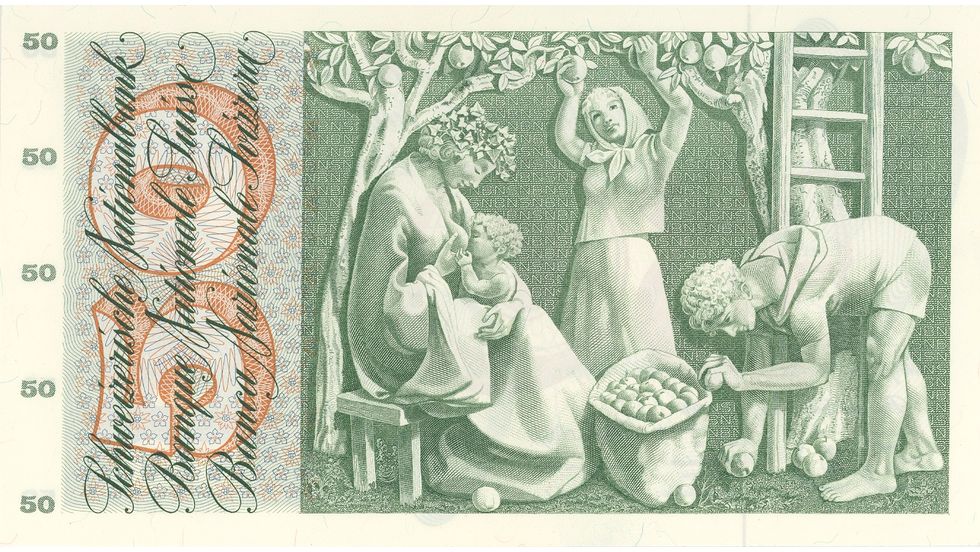 Fifth banknote series, 1956, 50 franc note, back