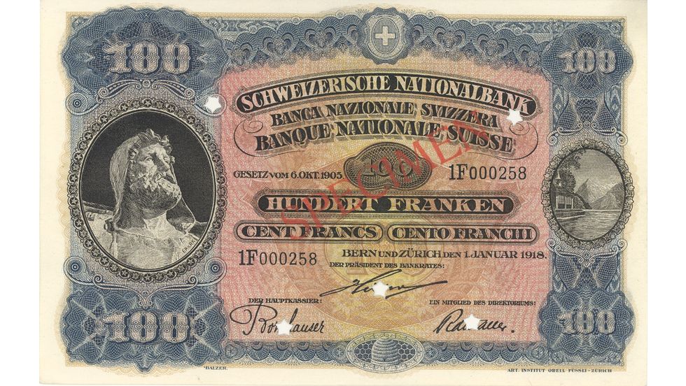 3. Banknotenserie 1918, 100-Franken-Note, Vorderseite