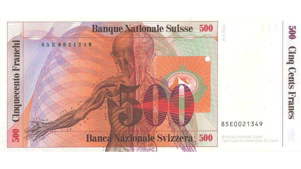 7. Banknotenserie 1984, 500-Franken-Note, Rückseite