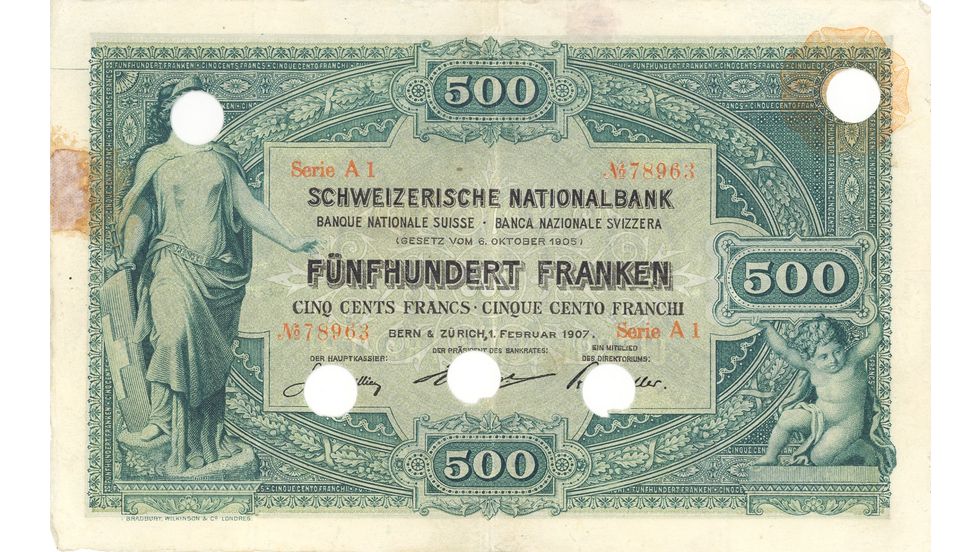 1. Banknotenserie 1907, 500-Franken-Note, Vorderseite