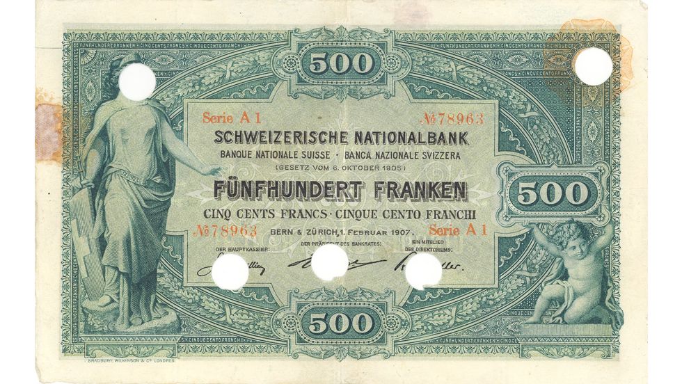 First banknote series, 1907, 500 franc note, front