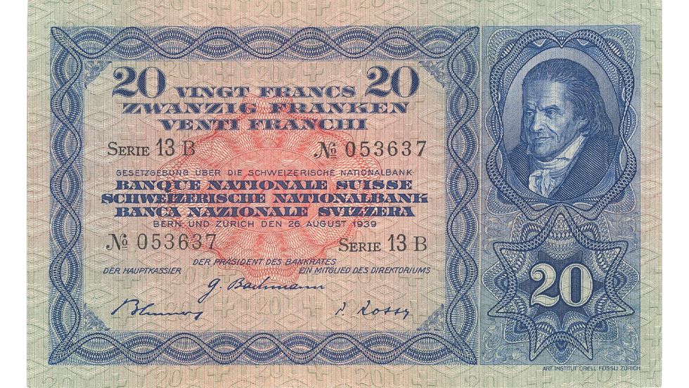 3. Banknotenserie 1918, 20-Franken-Note, Vorderseite