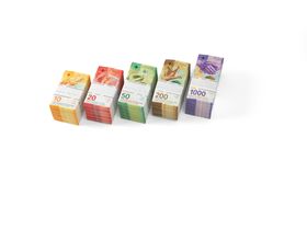Liasses de billets de 10 francs, de 20 francs, de 50 francs, de 200 francs et de 1000 francs
