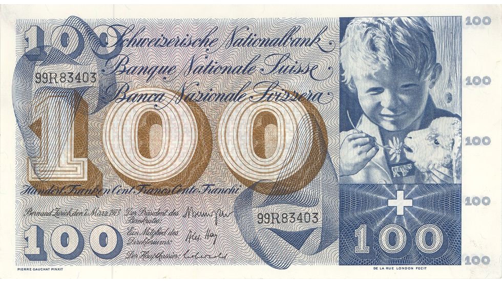 5. Banknotenserie 1956, 100-Franken-Note, Vorderseite