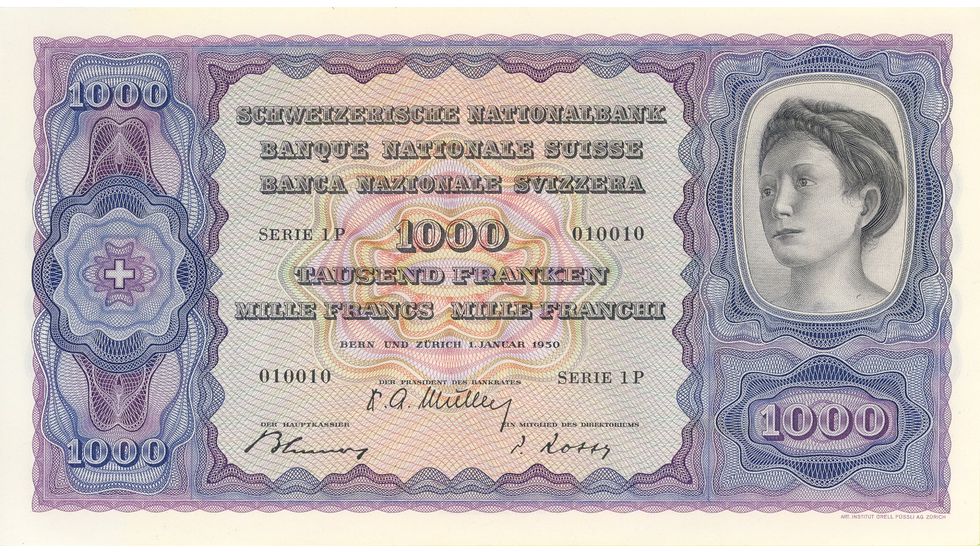 4. Banknotenserie 1938, 1000-Franken-Note, Vorderseite