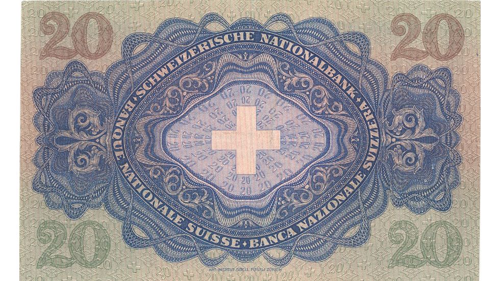Third banknote series, 1918, 20 franc note, back