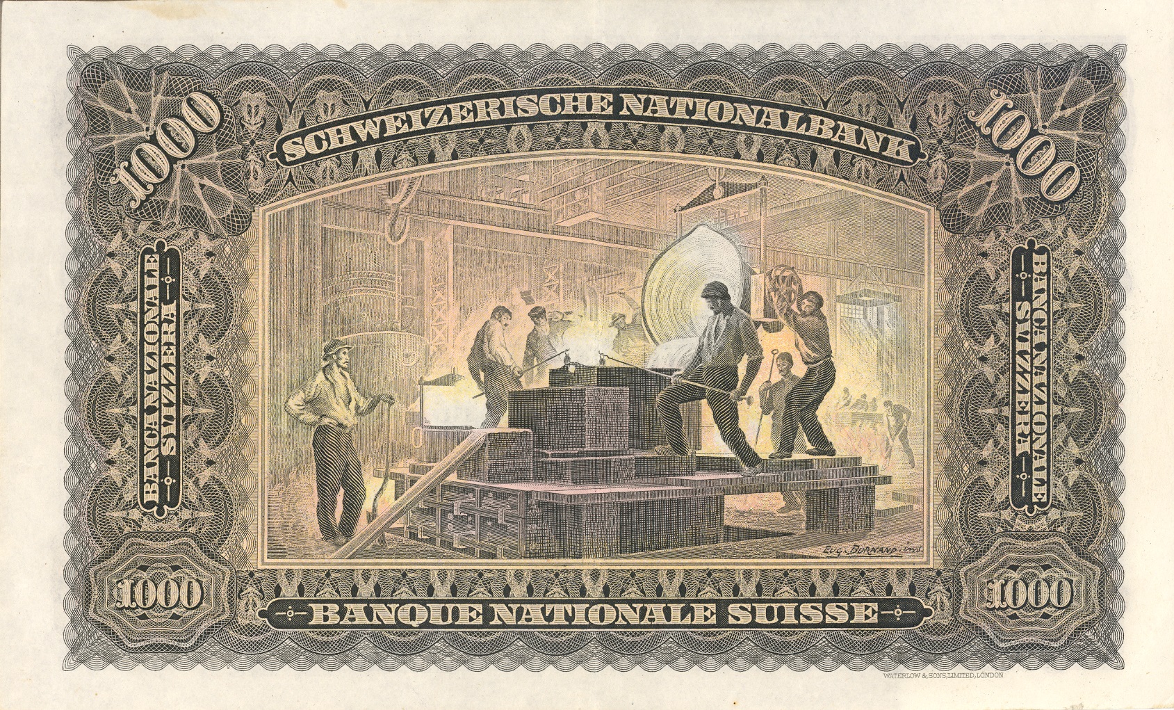 Second banknote series, 1911, 1000 franc note, back