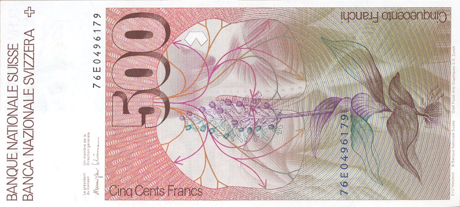 6. Banknotenserie 1976, 500-Franken-Note, Rückseite