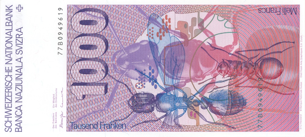 Sixth banknote series, 1976, 1000 franc note, back