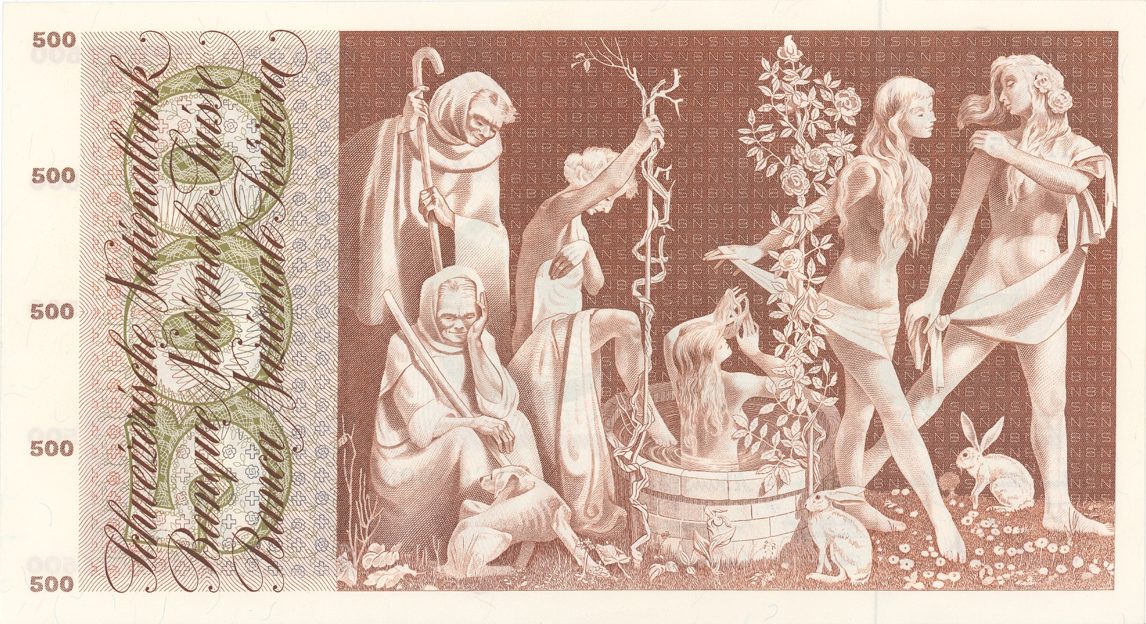 5. Banknotenserie 1956, 500-Franken-Note, Rückseite