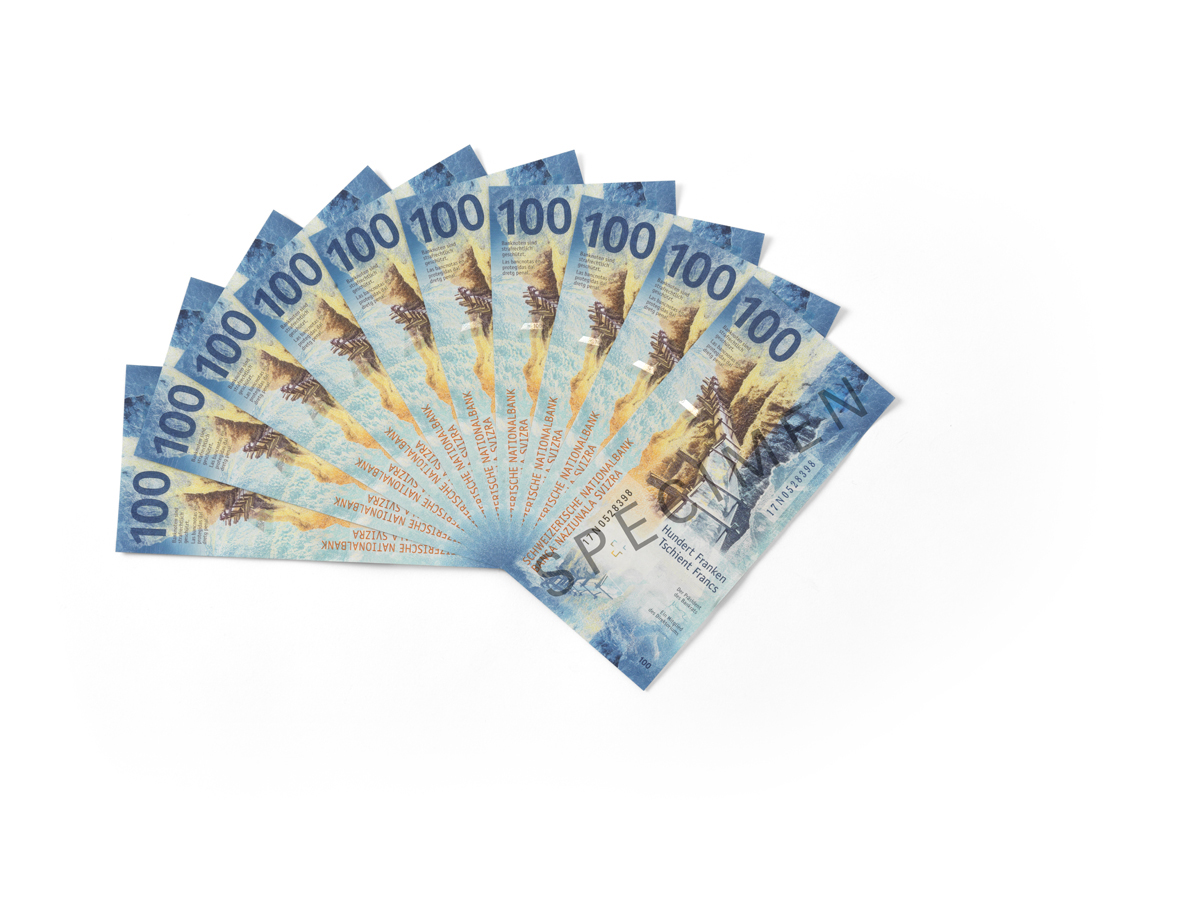 Fächer aus 100-Franken-Noten (Rückseite)