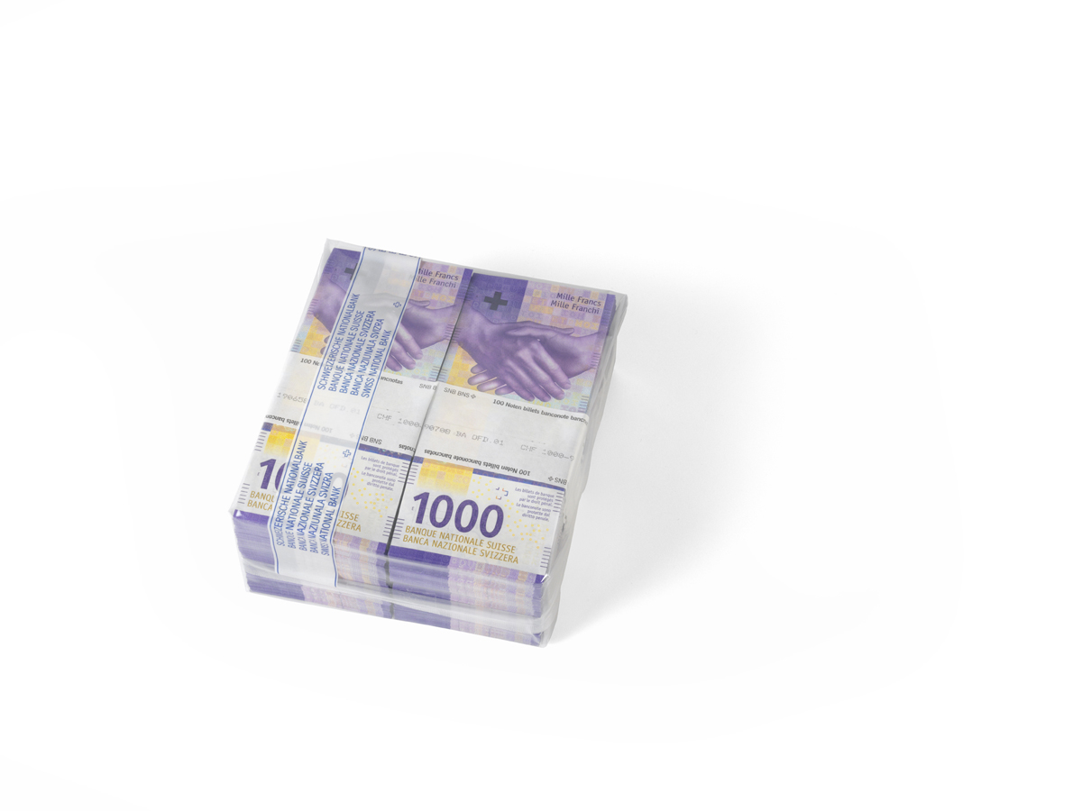 Bundles of vacuum-packed 1000-franc notes