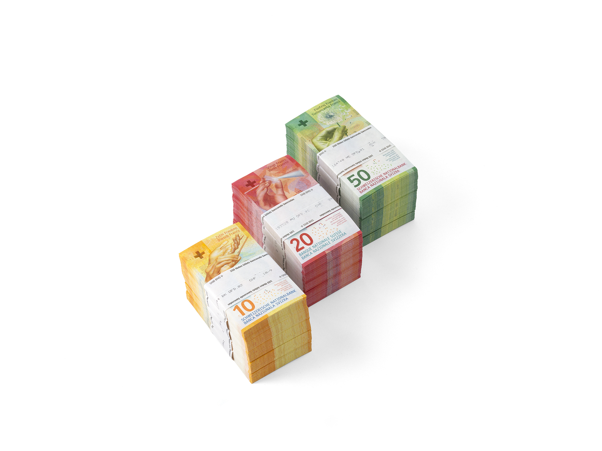 Bundles of 10, 20 and 50-franc notes
