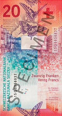 Banconote da 20 franchi Specimen, vista verso