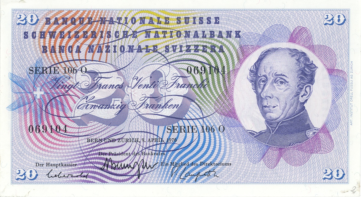 5. Banknotenserie 1956, 20-Franken-Note, Vorderseite