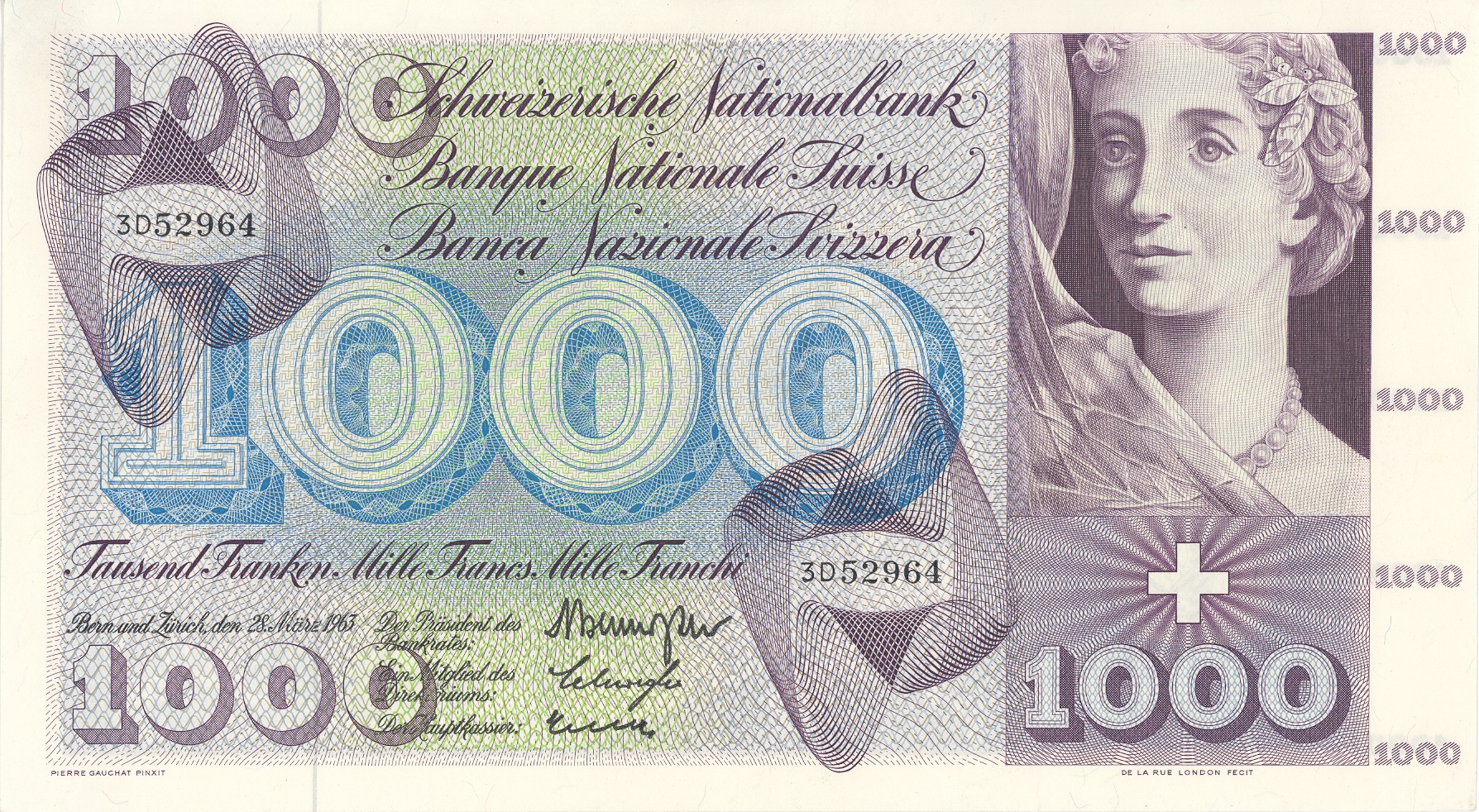 5. Banknotenserie 1956, 1000-Franken-Note, Vorderseite