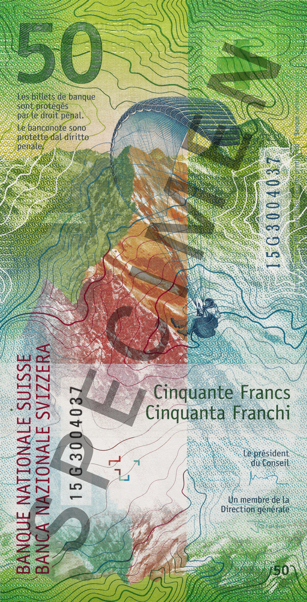 Banconote da 50 franchi Specimen, vista verso 