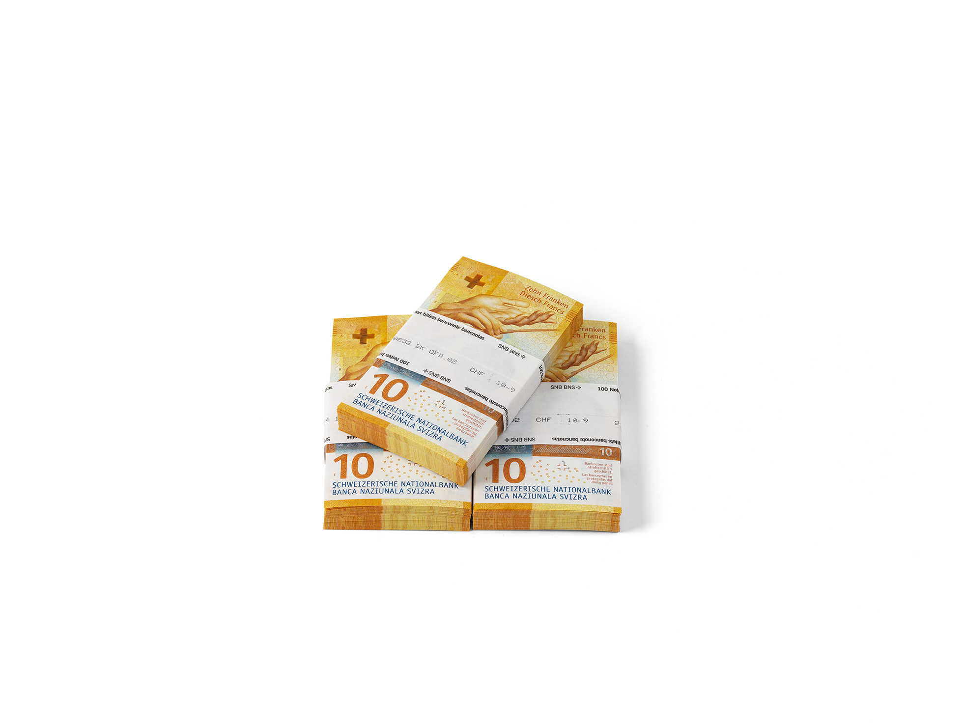 Bundles of 10-franc notes (front view)